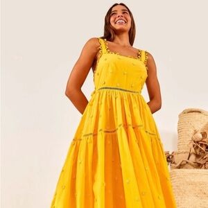 Farm Rio 3D Embellished Flowers Yellow Dress